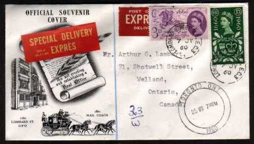view larger back view image for General Letter Office set of two on illustrated FDC cancelled with the scarce LOMBARD STREET steel CDS dated 7 JY 60 sent EXPRESS to Canada. Superb.