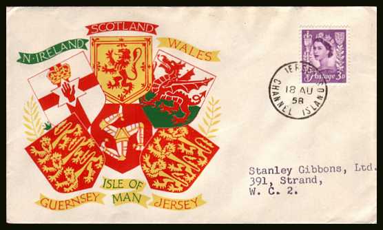 view larger back view image for JERSEY - 3d Deep Lilac on a typed addressed colour illustrated FDC cancelled with a steel CDS for JERSEY CHANNEL ISLANDS dated 18 AU 58.