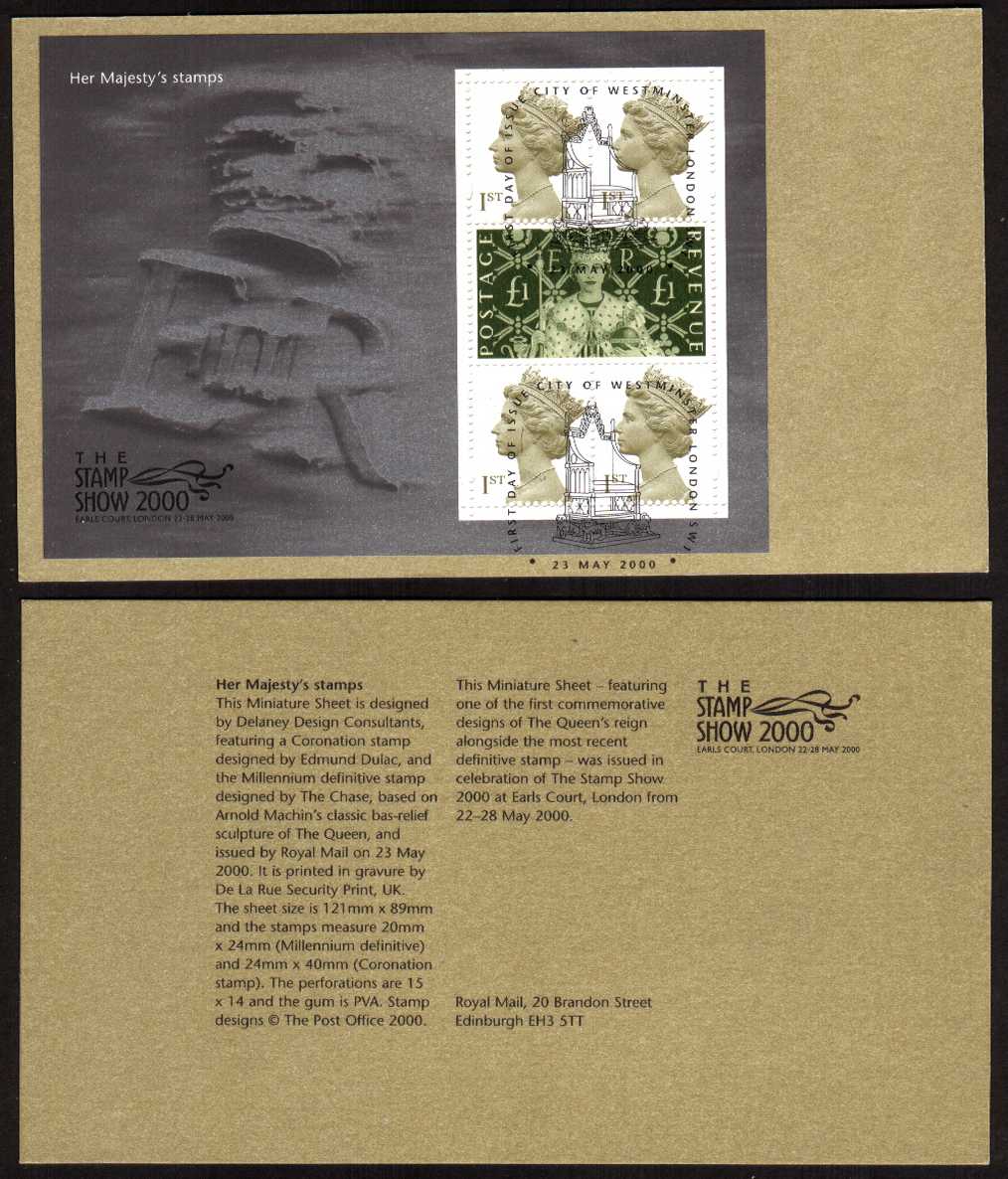 view larger image for SG MS2147v (23 May 2000) - 'Stamp Show 2000' - 'Her Majestys's Stamps' minisheet<br/>
on the official presentation card that came from a folder that contained the three prestige booklets for the 2010 show. Note: I have scanned both sides of the card. The price is for one card.