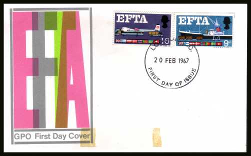 view larger back view image for EFTA (European Free Trade Association) <b>PHOSPHOR</b> on unaddress official GPO colour FDC cancelled with a large
LONDON E.C. FDI
cancel dated 20 FEB 1967. Note this cover did have a gummed address label - this has dropped off leaving a brown mark.