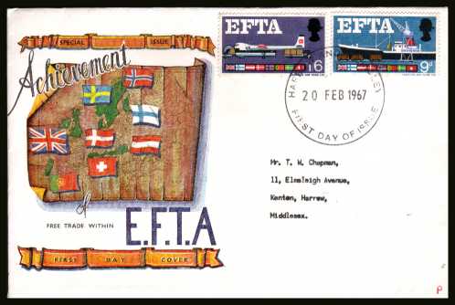 view larger back view image for EFTA (European Free Trade Association) <b>PHOSPHOR</b> on a typed address CONNOISSEUR colour FDC cancelled with HARROW & WEMBLEY large FDI

cancel dated 20 FEB 1967.