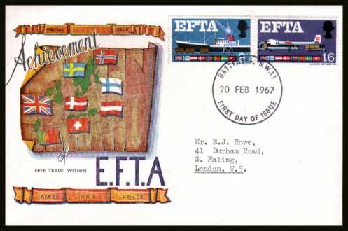 view larger back view image for EFTA (European Free Trade Association) <b>PHOSPHOR</b> on a typed address CONNOISSEUR colour FDC cancelled with a BATTERSEA S.W.11  large FDI

cancel dated 20 FEB 1967.