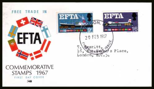 view larger back view image for EFTA (European Free Trade Association) <b>PHOSPHOR</b> on a typed address PHILART colour FDC cancelled with a LONDON W.C. large FDI

cancel dated 20 FEB 1967.