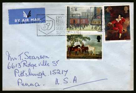 view larger back view image for British Paintings set of three on a plain unopened envelope cancelled with a CHICHESTER FESTIVAL slogan. A very rare cancel

dated 10 JUL 1967