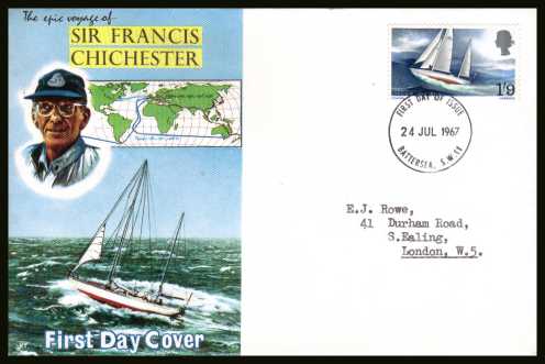 view larger back view image for Sir Francis Chichester's World Voyage single on CONNOISSEUR typed addressed illustrated FDC cancelled with a BATTERSEA S.W.11 FDI cancel dated 24 JUL 1967