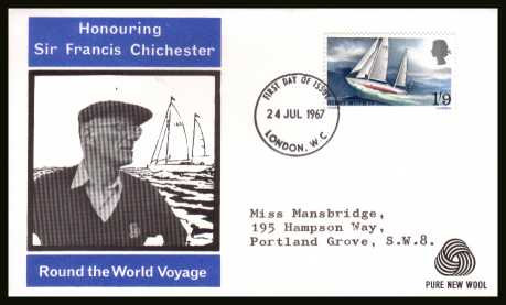 view larger back view image for Sir Francis Chichester's World Voyage single on WESSEX - PURE NEW WOOL logo with typed addressed illustrated FDC cancelled with a LONDON W.C. FDI dated 24 JUL 1967.