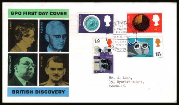 view larger back view image for British Discovery and Invention set of four on official GPO typed addressed FDC cancelled with a single central special cancel for PENICILLIN DISCOVERED - PADDINGTON W.2  dated 19 SEP 1967.