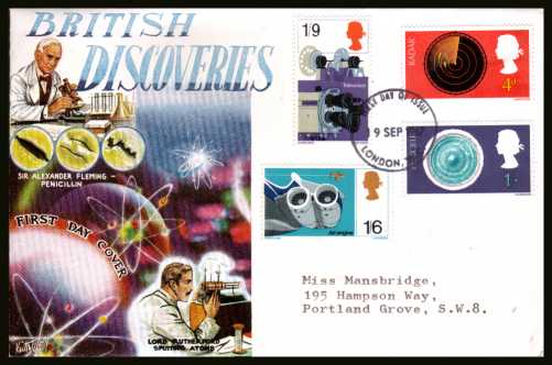 view larger back view image for British Discovery and Invention set of four on a CONNOISSEUR typed addressed FDC cancelled with a
LONDON W.C. FDI cancel
  dated 19 SEP 1967.