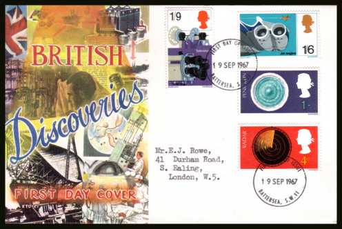 view larger back view image for British Discovery and Invention set of four on a CONNOISSEUR typed addressed FDC cancelled with a
BATTERSEA S.W.11  FDI cancel
  dated 19 SEP 1967.