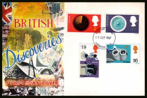 view larger back view image for British Discovery and Invention set of four on a CONNOISSEUR unaddressed FDC cancelled with a
LONDON W.C. FDI cancel
  dated 19 SEP 1967.