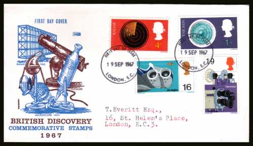 view larger back view image for British Discovery and Invention set of four on PHILART typed addressed FDC cancelled with a
LONDON E.C. FDI cancel
  dated 19 SEP 1967.