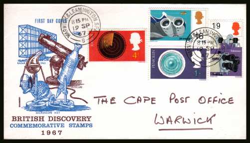 view larger back view image for British Discovery and Invention set of four on PHILART hand addressed FDC cancelled with a
WARWICK & LEAMINGTON SPA double ring cancel
  dated 19 SEP 1967.