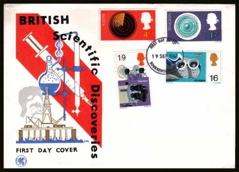 view larger back view image for British Discovery and Invention set of four on WESSEX unaddressed FDC cancelled with a
BOURNEMOUTH - POOLE FDI cancel
  dated 19 SEP 1967.