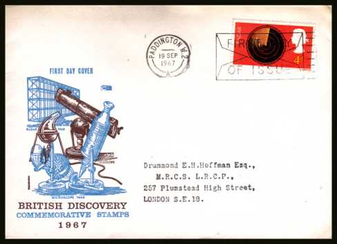 view larger back view image for British Discovery and Invention 4d RADAR single on a typed addressed 
PHILART
cover cancelled with a PADDINGTON FDI ''slogan'' cancel dated 19 SEP 1967.