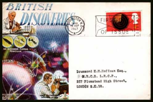 view larger back view image for British Discovery and Invention 4d RADAR single on a typed addressed 
CONNOISSEUR
cover cancelled with a PADDINGTON FDI ''slogan'' cancel dated 19 SEP 1967.