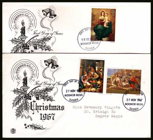 view larger back view image for Christmas set of three on two illustrated STUART FDC's (matched pair) with neatly typed addresses cancelled with BOGNOR REGIS
 FDI's.