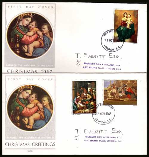 view larger back view image for Christmas set of three on two illustrated PHILART FDC's (matched pair) with neatly addressed cancelled with LONDON E.C.
 FDI's