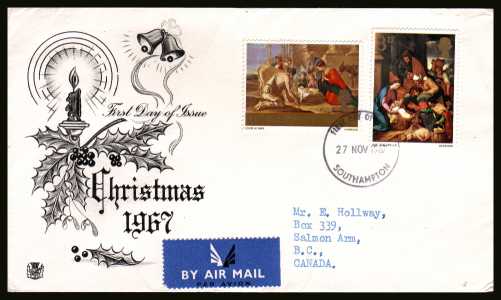 view larger back view image for Christmas 3d and 1/3d on illustrated STUART FDC with typed address cancelled with a SOUTHAMPTON FDI dated 27 NOV 1967.