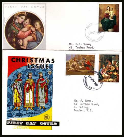 view larger back view image for Christmas set of three on two   illustrated colour FDC's with typed addresses both cancelled with BATTERSEA S.W.11 FDI cancels.