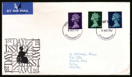 view larger back view image for Machin - 3d, 9d and 1/6d on 
illustrated typed addressed FDC cancelled with a SOUTHAMPTON
FDI cancel dated 8 AUG 1967.

