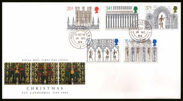 view larger back view image for Christmas set of five on official unaddressed Royal Mail FDC cancelled with a HOUSE OF LORDS double ring CDS dated 14 NO 89. 

<b>QPQ</b>