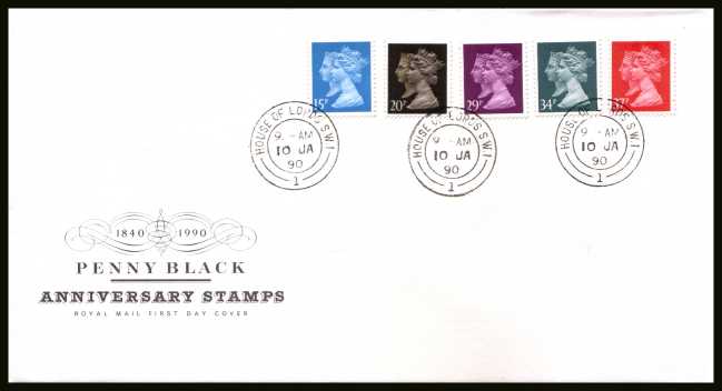 view larger back view image for Penny Black set of five on official unaddressed Royal Mail FDC cancelled with a HOUSE OF LORDS double ring CDS dated 10 JA 90. 

<b>QPQ</b>