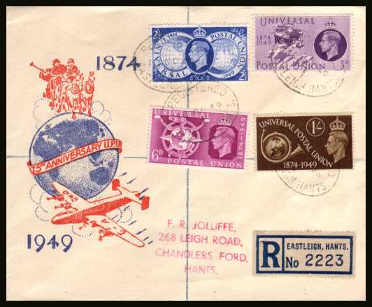 view larger back view image for 75th Anniversary of Universal Postal Union set of four on a REGISTERED illustrated, handstamped addressed FDC cancelled with a four oval registered cancels for EASTLEIGH HANTS dated 10 OCT 49

<br/><b>QSS</b>
