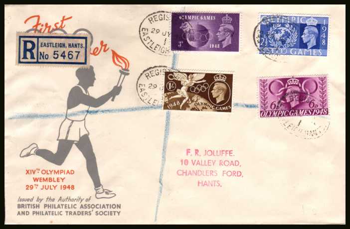 view larger back view image for Olympic Games set of four on a registered BPA colour illustrated FDC cancelled with four strikes of an oval REGISTERED cancel for EASTLEIGH - HANTS dated 29 JY 48. 
<br/><b>QSS</b>
