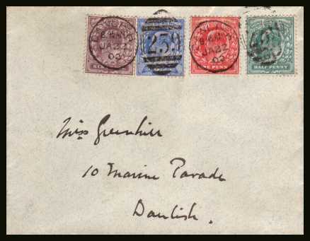 view larger back view image for First set of four cancelled with  duplex for DAWLISH dated JA 22 02. This cover serves no purpose other than philatelic and must have been done for the first day but sadly it was cancelled 3 weeks later!! Correctly cancelled £1250. Rare!
<br/><b>QSS