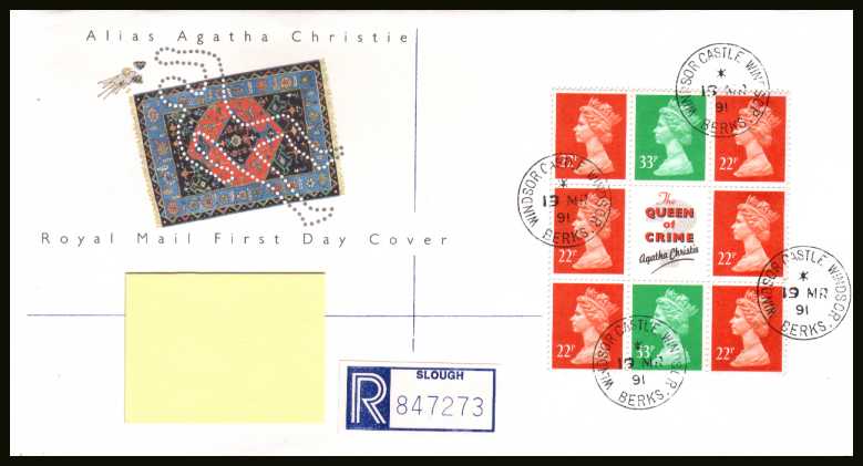 view larger back view image for Agatha Christie Machin booklet pane on an addressed Royal Mail FDC cancelled with four steel Royal Household CDS's reading WINDSOR CASTLE dated 19 MR 91.
Addressee's name covered on scan only. Scarce and attractive. <br/><b>QTT</b>