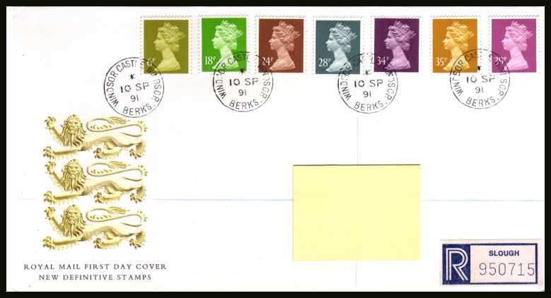 view larger back view image for Machin - 6p to 39p on an addressed Royal Mail FDC cancelled with four steel Royal Household CDS's reading  WINDSOR CASTLE dated 10 SP 91.
Addressee's name covered on scan only. Scarce and attractive. <br/><b>QTT</b>
