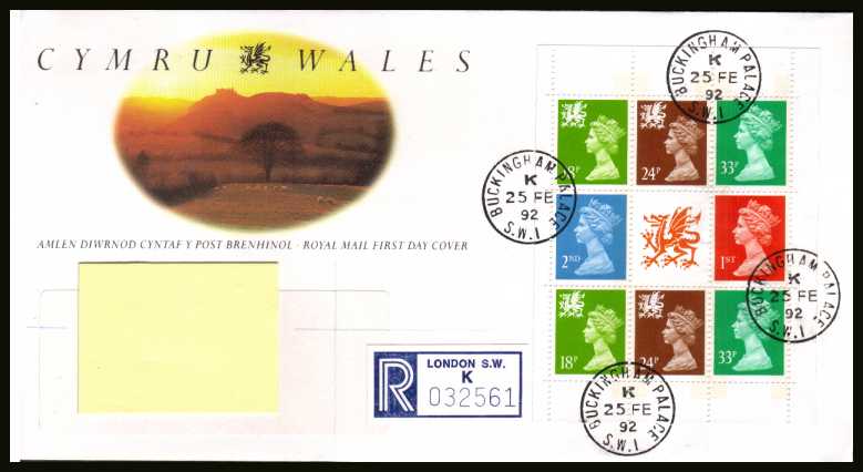 view larger back view image for Wales Machin Booklet pane on an addressed Royal Mail FDC cancelled with three steel Royal Household CDS's reading  BUCKINGHAM PALACE dated 25 FE 92.
Addressee's name covered on scan only. Scarce and attractive. <br/><b>QTT</b>
