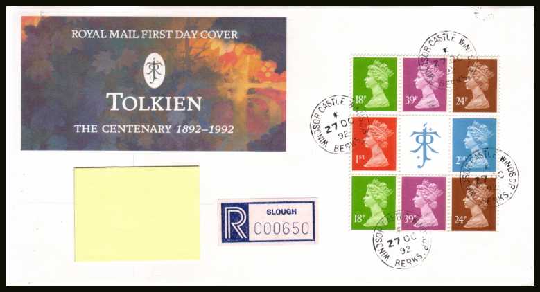 view larger back view image for Tolkien Machin booklet pane on an addressed Royal Mail FDC cancelled with four steel Royal Household CDS's reading WINDSOR CASTLE dated 27 OC 92.
Addressee's name covered on scan only. Scarce and attractive. <br/><b>QTT</b>
