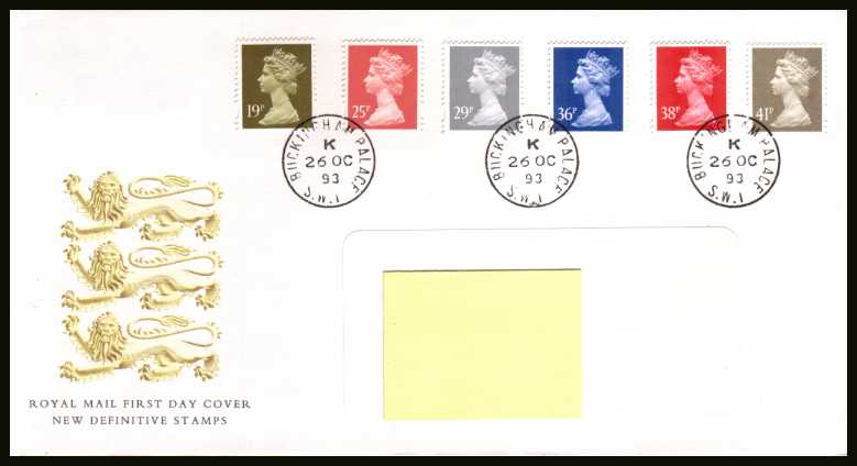 view larger back view image for Machin - Elliptical Perforations - 19p to 41p on an addressed Royal Mail FDC cancelled with three steel Royal Household CDS's reading  BUCKINGHAM PALACE dated 26 OC 93.
Addressee's name covered on scan only. Scarce and attractive. <br/><b>QTT</b>
