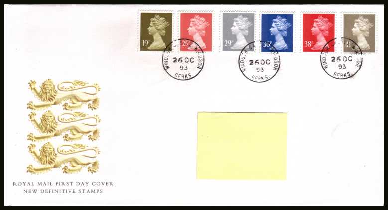 view larger back view image for Machin - Elliptical Perforations - 19p to 41p on an addressed Royal Mail FDC cancelled with three steel Royal Household CDS's reading  WINDSOR CASTLE dated 26 OC 93.
Addressee's name covered on scan only. Scarce and attractive. <br/><b>QTT</b>
