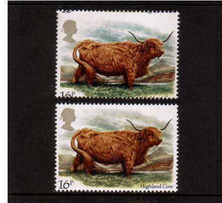 view larger image for SG 1240var (1984) - British Cattle - 16p Highland Cow. A superb unmounted mint single showing a large upwards upwards perforation shift with normal for comparison.
<br/><b>QXX</b>