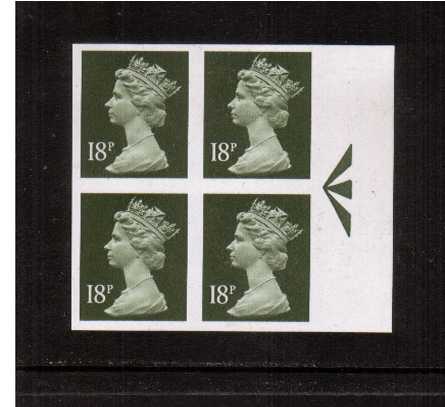 view larger image for SG X955a (1984) - 18p Olive-Grey on Phosphorised paper<br/>
A superb unmounted mint right side ''Arrow''  marginal <b>IMPERFORATE</b> block of four.<br/>SG Cat £200 plus premium for marginal and ''Arrow''