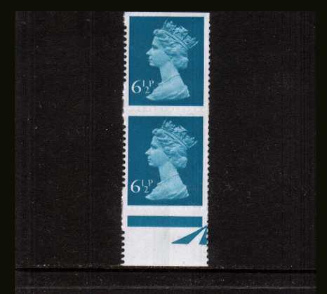 view larger image for SG X872avar (1975) - 6½p Greenish-Blue - 1 Centre Band<br/>
A superb unmounted mint vertcial <b>IMPERFORATE</b> lower marginal pair with feint horizontal perforation indentations between.<br/>
SG Cat for perfect vertical pair is £450