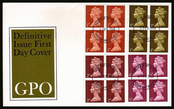 view larger back view image for Machin ½d 1d 2d 6d - set of four in BLOCKS OF FOUR on an unaddressed official Post Office FDC cancelled with a HARROW AND WEMBLEY FDI cancel dated 5 FEB 1968.