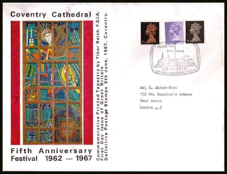view larger back view image for Machin - 4d, 1/- and 1/9d on OFFICIAL Coventry Cathedral colour FDC UNADDRESSED cancelled with special COVENTRY CATHEDRAL handstamp. Note additional inscriptions above and below picture. A rare cover.