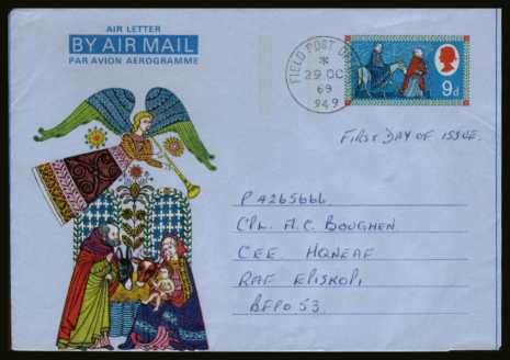 view larger back view image for CHRISTMAS Aerogramme cancelled with a crisp upright steel CDS for FIELD POST OFFICE 949 dated 29 OC 69. Scarce!