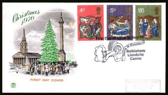 view larger back view image for Christmas set of three on hand stamped addressed STUART FDC with BETHLEHEM special cancel dated 25 NOV 70.