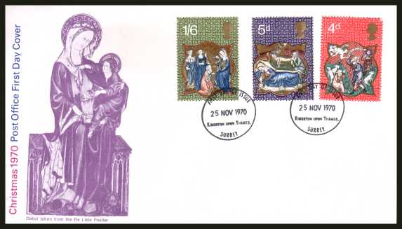 view larger back view image for Christmas set of three on unaddressed official Post Office FDC with two strikes of a KINGSTON UPON THAMES 
FDI cancel dated 25 NOV 1970