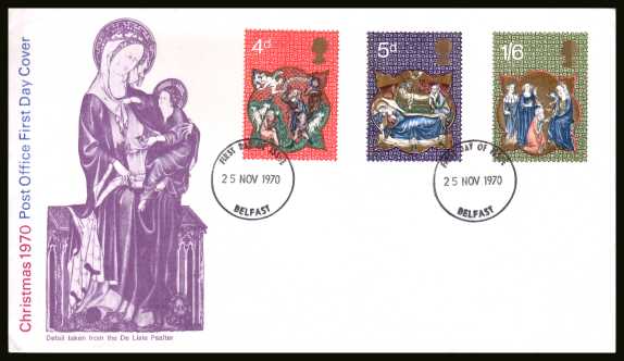 view larger back view image for Christmas set of three on unaddressed official Post Office FDC with two strikes of a BELFAST
FDI cancel dated 25 NOV 1970