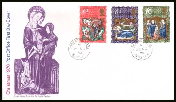 view larger back view image for Christmas set of three on unaddressed official Post Office FDC with two strikes of a ROBERTSBRIDGE - SUSSEX steel CDS cancel dated 25 NOV 1970