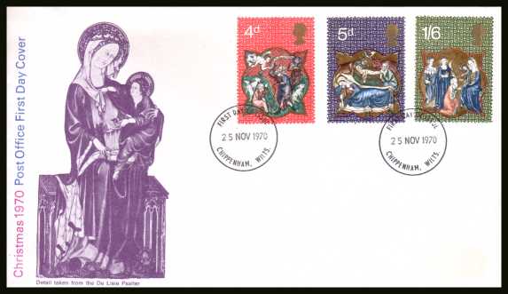 view larger back view image for Christmas set of three on unaddressed official Post Office FDC with two strikes of a CHIPPENHAM - WILTS
FDI cancel dated 25 NOV 1970