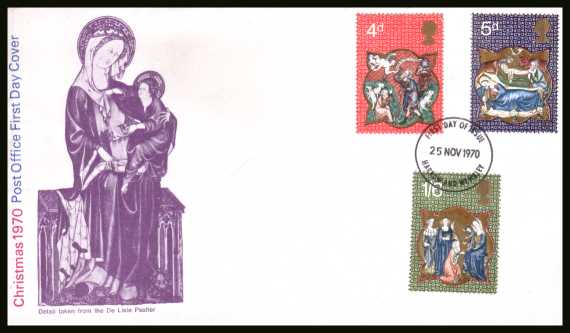 view larger back view image for Christmas set of three on unaddressed official Post Office FDC with a HARROW AND WEMBLEY 
FDI cancel dated 25 NOV 1970