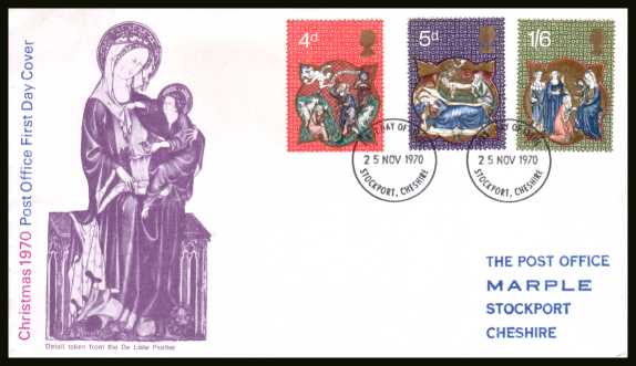 view larger back view image for Christmas set of three on a hand stamped addressed official Post Office FDC with two strikes of a STOCKPORT _ CHESHIRE
FDI cancel dated 25 NOV 1970