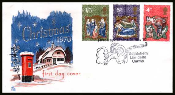 view larger back view image for Christmas set of three on an unaddressed STUART
FDC cancelled with BETHLEHEM special cancel dated 25 NOV 70.