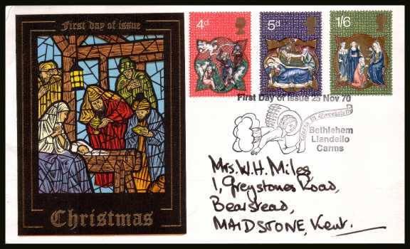 view larger back view image for Christmas set of three on a hand addressed THAMES COVERS
FDC cancelled with BETHLEHEM special cancel dated 25 NOV 70.